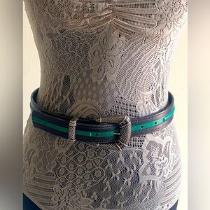 Vintage Carlisle Leather Belt with Silver Western Buckle Black & Emerald Green
